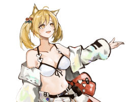 Rule 34 | 1girl, :d, ahoge, animal ears, arknights, bare shoulders, bikini, blonde hair, breasts, cleavage, collarbone, commentary, front-tie bikini top, front-tie top, hair between eyes, hair bobbles, hair ornament, highres, jacket, karen (drziegler a), long sleeves, medium breasts, navel, off shoulder, official alternate costume, open clothes, open jacket, open mouth, short hair, simple background, skirt, smile, solo, sora (arknights), sora (summer flowers) (arknights), stomach, swimsuit, swimsuit cover-up, twintails, white background, white jacket, white skirt, wolf ears, yellow eyes