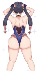 Rule 34 | 1girl, absurdres, arms up, ass, bare arms, bare back, bare legs, bare shoulders, black choker, black hair, black ribbon, blue leotard, choker, djames, earrings, from behind, genshin impact, hair ornament, hair ribbon, highres, huge ass, jewelry, leotard, long hair, mona (genshin impact), neck, ribbon, shiny skin, single earring, solo, standing, strapless, strapless leotard, thong leotard, twintails, very long hair