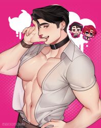 Rule 34 | 1boy, 700hash, abs, absurdres, animal collar, artist name, bara, bare pectorals, belt, black hair, black pants, blush, brown belt, collar, collared shirt, highres, large pectorals, looking at viewer, male focus, muscular, muscular male, navel, nipples, open clothes, open shirt, original, pants, pectorals, seductive smile, shirt, short hair, smile, tongue, tongue out, watch, white shirt, wristwatch