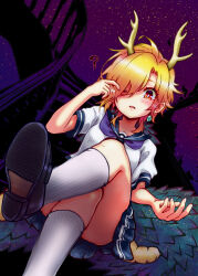 Rule 34 | 1girl, absurdres, antlers, blonde hair, blue sailor collar, carbohydrate (asta4282), dragon girl, dragon horns, dragon tail, dress, highres, horns, kicchou yachie, looking at viewer, red eyes, sailor collar, sailor dress, short hair, tail, touhou, turtle shell, yellow horns