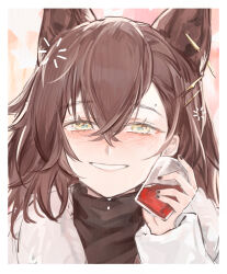 Rule 34 | 1girl, animal ear piercing, animal ears, arknights, black nails, black sweater, blush, crossed bangs, crying, crying with eyes open, drink, drunk, hair between eyes, hair ornament, hairclip, hand up, highres, holding, holding drink, jacket, long sleeves, looking at viewer, mole, mole above mouth, mranz4869, official alternate costume, open clothes, open jacket, penance (arknights), penance (occasionally flushed) (arknights), simple background, solo, squeans, sweater, tears, white background, white jacket, wolf ears, wolf girl, yellow eyes