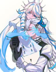 Rule 34 | 1boy, 1girl, ackrose, arms around waist, black gloves, blue eyes, blue hair, closed eyes, closed mouth, commentary, english commentary, furina (genshin impact), furina (initial design) (genshin impact), genshin impact, gloves, hair between eyes, highres, holding, light blue hair, long hair, long sleeves, looking at viewer, multicolored hair, neuvillette (genshin impact), official alternate costume, official alternate hairstyle, pointy ears, sidelocks, simple background, sketch, smile, streaked hair, two-tone hair, upper body, white background, white hair