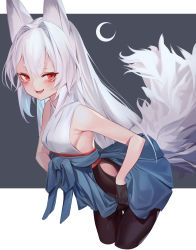 Rule 34 | 1girl, absurdres, animal ears, bare shoulders, black gloves, blush, borrowed character, eyes visible through hair, fang, fox ears, fox girl, fox tail, gloves, grey background, highres, long hair, moon, open mouth, original, red eyes, sb lama, short eyebrows, smile, solo, tail, two-tone background, white background, white hair