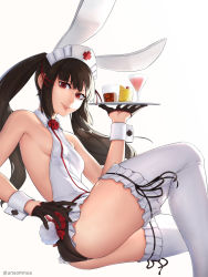 Rule 34 | 1girl, animal ears, ass, bare shoulders, black gloves, black hair, cocktail glass, cup, drinking glass, fake animal ears, gloves, hat, highres, leotard, maid headdress, nurse cap, original, playboy bunny, rabbit ears, rabbit tail, red eyes, simple background, sleeveless, smile, solo, tail, thighhighs, tray, twintails, unsomnus, white background, white thighhighs, wrist cuffs