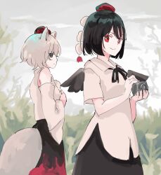 Rule 34 | 2girls, animal ears, bare shoulders, bird wings, black eyes, black hair, black skirt, black wings, bright pupils, camera, closed mouth, collared shirt, commentary, detached sleeves, grass, grey hair, hat, highres, holding, holding camera, inubashiri momiji, looking at viewer, multiple girls, one-hour drawing challenge, outdoors, red eyes, red headwear, red skirt, shameimaru aya, shirt, short hair, skirt, smile, tail, tohoyuukarin, tokin hat, touhou, two-tone skirt, white pupils, white shirt, wings, wolf ears, wolf girl, wolf tail