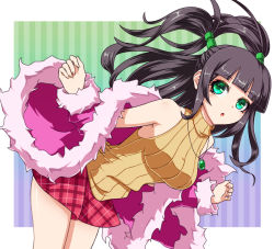 Rule 34 | 1girl, bare shoulders, bent over, black hair, breasts, fuji hyorone, green eyes, hair ornament, jacket, jewelry, large breasts, looking at viewer, necktie, off shoulder, open clothes, open jacket, open mouth, pendant, pop&#039;n music, shirt, skirt, sleeveless, sleeveless shirt, solo, tsurara (pop&#039;n music), twintails
