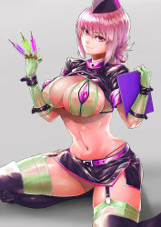 Rule 34 | 1girl, absurdres, between fingers, bikini, boots, breasts, closed mouth, fate/grand order, fate (series), florence nightingale (fate), florence nightingale (trick or treatment) (fate), garter straps, gloves, green gloves, green thighhighs, hat, highres, holding, large breasts, long hair, looking at viewer, miniskirt, navel, official alternate costume, pink hair, red eyes, revealing clothes, shrug (clothing), sitting, skirt, smile, solo, srsojiro, stomach, sweat, swimsuit, syringe, thigh boots, thighhighs