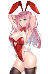 Rule 34 | 1girl, alternate costume, animal ears, aqua eyes, armpits, arms up, black thighhighs, blackheartxiii, blunt bangs, blush, bow, bowtie, breasts, cleavage, clothing cutout, covered navel, cowboy shot, darling in the franxx, fake animal ears, fake tail, hairband, hands in hair, heart cutout, highres, horns, leotard, long hair, looking at viewer, medium breasts, parted lips, pink hair, playboy bunny, rabbit ears, rabbit tail, red bow, red bowtie, simple background, solo, straight hair, sweat, tail, thighhighs, thighs, white background, zero two (darling in the franxx)