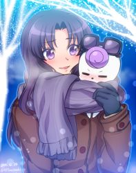 Rule 34 | 0417nao, 10s, 1girl, black gloves, blush, coat, eyewear on head, gloves, gurasan (happinesscharge precure!), happinesscharge precure!, hikawa iona, long hair, precure, purple eyes, purple hair, scarf, shared clothes, shared scarf, smile, snow, solo