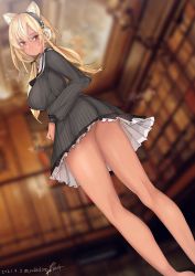 Rule 34 | 1girl, absurdres, animal ears, bare legs, blonde hair, blurry, blurry background, blush, breasts, cat ears, commentary request, dark-skinned female, dark elf, dark skin, dated, dress, elf, feet out of frame, frilled dress, frills, from behind, from below, headphones, highres, hololive, indoors, large breasts, legs, long hair, long sleeves, looking at viewer, looking back, official alternate costume, pinstripe dress, pinstripe pattern, pointy ears, red eyes, rib:y(uhki), shiny skin, shiranui flare, shiranui flare (street), short dress, sidelocks, signature, smile, solo, striped, thighs, twintails, twitter username, virtual youtuber
