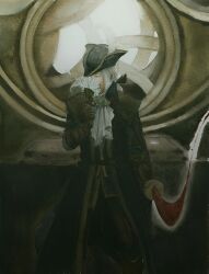 Rule 34 | 1girl, ascot, bad id, bad pixiv id, black coat, bloodborne, cape, closed eyes, coat, flower, hair ribbon, hat, hat feather, highres, holding, holding flower, holding sword, holding weapon, lady maria of the astral clocktower, ponytail, ribbon, sword, tricorne, weapon, white ascot, white flower, white hair