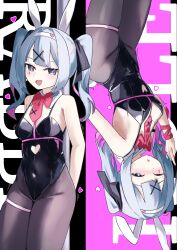 Rule 34 | 1girl, absurdres, animal ears, arms behind back, black leotard, blue eyes, blue hair, breasts, clothing cutout, fake animal ears, hair ornament, hatsune miku, heart cutout, highres, leotard, multiple views, one eye closed, pantyhose, pink pupils, pink ribbon, playboy bunny, rabbit ears, rabbit hole (vocaloid), ribbon, satou (www nemu), small breasts, smile, teardrop facial mark, thigh strap, twintails, upside-down, vocaloid, x hair ornament