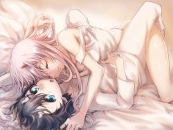 Rule 34 | 10s, 1boy, 1girl, ass, bare shoulders, bed sheet, black hair, blue eyes, breast press, breasts, cleavage, collarbone, commentary request, couple, darling in the franxx, closed eyes, fringe trim, hand on own stomach, herozu (xxhrd), hetero, hiro (darling in the franxx), horns, long hair, looking at viewer, lying, lying on person, nightgown, no panties, on back, oni horns, pajamas, pink hair, red horns, short hair, sleeveless, spoilers, thighs, white nightgown, white pajamas, zero two (darling in the franxx)