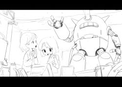 Rule 34 | 2girls, absurdres, backpack, bag, computer, devil lo, greyscale, highres, indoors, laser, monochrome, monochrome, multiple girls, open mouth, original, robot, short hair, sketch, teeth, tongue, upper teeth only
