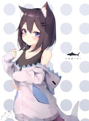 Rule 34 | 1girl, absurdres, animal ear fluff, animal ears, animal hood, bare shoulders, black tank top, blue eyes, blush, breasts, brown hair, cat ears, cleavage, closed mouth, collarbone, commentary request, fins, fish tail, grey jacket, hair between eyes, hair ornament, hairclip, hand up, highres, hood, hood down, hooded jacket, jacket, long sleeves, looking at viewer, mayogii, medium breasts, original, polka dot, polka dot background, shark hood, shark tail, signature, sleeves past wrists, smile, solo, tail, tank top, translation request, upper body, white background