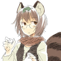 Rule 34 | 1girl, animal ears, brown eyes, brown hair, female focus, futatsuiwa mamizou, glasses, leaf, leaf on head, object on head, pince-nez, raccoon ears, raccoon tail, short hair, simple background, solo, tail, touhou, white background, wild and horned hermit, yudepii