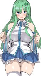 Rule 34 | 1girl, blue eyes, blue skirt, breasts, collared shirt, cowboy shot, detached sleeves, frilled skirt, frills, frog hair ornament, golgi hon, green hair, hair ornament, hair tubes, highres, huge breasts, kochiya sanae, long hair, looking at viewer, open mouth, panties, shirt, sidelocks, simple background, skirt, snake hair ornament, solo, standing, thighhighs, touhou, underwear, white background, white panties, white shirt, white thighhighs, wide sleeves