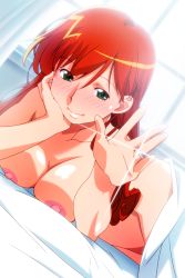 Rule 34 | 1girl, asahina yurina, bed sheet, blush, breasts, completely nude, green eyes, head rest, indoors, jewelry, large breasts, long hair, lying, nipples, nude, official art, on stomach, photoshop (medium), red hair, ring, smile, solo, super real mahjong, tanaka ryou