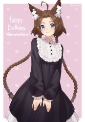 Rule 34 | 1girl, :3, ahoge, animal ear fluff, animal ears, black dress, blue eyes, braid, brown hair, cat ears, commentary, dress, english commentary, frilled shirt collar, frilled sleeves, frills, gift art, happy birthday, heart, heart background, highres, iwbitu, long braid, long dress, long hair, long sleeves, looking at viewer, original, pink background, simple background, smile, solo, twin braids, twitter username, very long hair