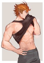 Rule 34 | 1boy, abs, alternate pectoral size, bare pectorals, belly, blue eyes, clothes lift, collarbone, genshin impact, grey background, hand on own hip, hand under clothes, hand under shirt, highres, looking to the side, male focus, midriff, muscular, muscular male, navel, nipples, open mouth, orange hair, pectorals, scar, scar on arm, scar on chest, shirt, shirt lift, short hair, shorts, simple background, sleeveless, sleeveless shirt, sweat, tartaglia (genshin impact), wiping, wiping sweat, zhineart