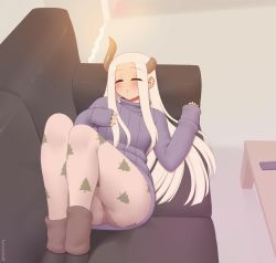 Rule 34 | 1girl, artist name, blush, broken horn, closed eyes, commentary, ear piercing, english commentary, eyes visible through hair, horns, indoors, kuroonehalf, long hair, long sleeves, lying, on back, original, pantyhose, piercing, print pantyhose, purple sweater, ribbed sweater, sleeping, sleeves past wrists, soffa, solo, sweater, tree print, turtleneck, turtleneck sweater
