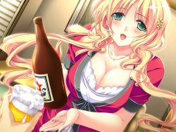 Rule 34 | 1girl, akari kazuto, alcohol, beer, beer bottle, blonde hair, blush, breasts, cleavage, collarbone, cup, dress, drink, dutch angle, foam, game cg, green eyes, hair ribbon, heart, heart necklace, holding, jewelry, kurimori mina, large breasts, long hair, looking at viewer, necklace, non-web source, open mouth, red dress, ribbon, ring, short sleeves, smile, solo, table, tsuma youji 2