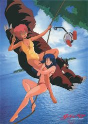 Rule 34 | 1980s (style), 2girls, barefoot, bikini, blue hair, breasts, casual one-piece swimsuit, cleavage, day, dirty pair, dutch angle, island, kei (dirty pair), large breasts, hugging own legs, logo, long hair, mughi, multiple girls, nanmo, navel, official art, oldschool, one-piece swimsuit, open mouth, outdoors, parted lips, photo background, red bikini, red hair, retro artstyle, robot, rope, short hair, swimsuit, takachiho haruka, v, water, yellow one-piece swimsuit, yuri (dirty pair)