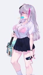 Rule 34 | 1girl, absurdres, bag, black skirt, blue eyes, blush, bra visible through clothes, breasts, cellphone, collared shirt, eonsang, flip phone, food, girls&#039; frontline, grey background, grey hair, heterochromia, highres, holding, holding phone, kneehighs, large breasts, long hair, mdr (girls&#039; frontline), mouth hold, multicolored hair, partially unbuttoned, phone, pink eyes, pink hair, pleated skirt, popsicle, school bag, shirt, shirt tucked in, short sleeves, side ponytail, simple background, skirt, socks, solo, streaked hair, watch, white shirt, white socks, wristwatch