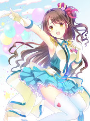 Rule 34 | 1girl, :d, bad id, bad pixiv id, balloon, breasts, brown eyes, brown hair, cloud, crown, crystal night party, epaulettes, gloves, hair intakes, hand on own chest, heart, high heels, idolmaster, idolmaster cinderella girls, long hair, medium breasts, mini crown, one side up, open mouth, outstretched arm, pointing, satou satoru, shimamura uzuki, smile, solo, thighhighs, white gloves