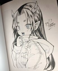 Rule 34 | 1girl, blush, commentary request, cropped torso, demon girl, fangs, highres, hood, hooded jacket, horns, jacket, kanimura ebio, long hair, looking at viewer, marker (medium), monochrome, open mouth, original, photo (medium), pointy ears, short eyebrows, signature, smile, solo, teeth, traditional media