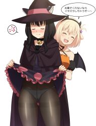 Rule 34 | 2girls, anger vein, angry, animal ears, arm cuffs, assisted exposure, bare shoulders, bat wings, behind another, bell, black cape, black choker, black hair, black pantyhose, black skirt, blonde hair, blush, cape, cat button, cat ears, choker, cloak, closed eyes, closed mouth, clothes lift, collarbone, commentary, cross-laced clothes, cross-laced dress, dress, embarrassed, eyelashes, fake horns, fingernails, folded hair, frilled choker, frilled skirt, frills, furrowed brow, gluteal fold, hair ornament, halloween, hat, hat with ears, highres, horns, inoue takina, long hair, lycoris recoil, mibushiro, multiple girls, neck bell, nishikigi chisato, one side up, open mouth, orange dress, panties, panties under pantyhose, pantyhose, presenting another, round teeth, short hair, simple background, skirt, skirt flip, skirt lift, smile, spoken anger vein, standing, star (symbol), star hair ornament, sweat, teeth, thigh gap, thighs, translated, trick or treat, underwear, upper teeth only, v-shaped eyebrows, wavy mouth, white background, wings, witch hat