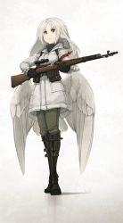 Rule 34 | 1girl, asterisk kome, battle rifle, bird tail, bird wings, boots, claudia bell, coat, commentary request, green pants, grey eyes, gun, highres, long hair, low wings, military, military coat, pants, rifle, sniper rifle, standing, svt-40, tail, weapon, white coat, white hair, white wings, winged fusiliers, wings