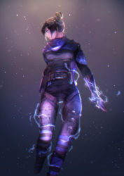 Rule 34 | 1girl, absurdres, apex legends, arms at sides, belt, belt buckle, black bodysuit, black hair, black scarf, blue eyes, bodysuit, breasts, buckle, commentary request, electricity, electrokinesis, gloves, hair bun, highres, legs apart, looking away, medium breasts, mirin., ninja, no pupils, nose, parted lips, scarf, shoes, short hair, sidelocks, single hair bun, solo, standing, standing on one leg, thigh strap, utility belt, wraith (apex legends)