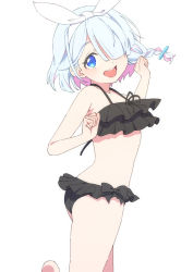Rule 34 | 1girl, afnroll, arona (blue archive), ass, bikini, black bikini, black bow, blue archive, blue eyes, blue hair, bow, braid, clenched hands, cowboy shot, frilled swimsuit, frills, full body, hair ornament, hair over one eye, hairclip, halo, hands up, highres, light blue hair, looking at viewer, looking back, open mouth, short hair, smile, solo, stomach, swimsuit, teeth, thighs, upper teeth only, white background