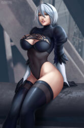 Rule 34 | 1girl, 2b (nier:automata), absurdres, breasts, cleavage, flowerxl, gloves, hairband, high boots, highres, large breasts, leotard, looking at viewer, mole, mole under mouth, nier, nier:automata, nier (series), sitting, solo, thick thighs, thighhighs, thighs, tiara, toned, toned female, video game character, white hair, wide hips, yellow eyes