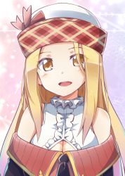 Rule 34 | 10s, 1girl, :d, bare shoulders, blonde hair, blush, breasts, center frills, cleavage, collar, diola (granblue fantasy), frills, granblue fantasy, hat, hat ribbon, head tilt, looking at viewer, open mouth, red ribbon, ribbon, smile, solo, upper body, white hat, yutamaro