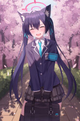 Rule 34 | 1girl, animal ear fluff, animal ears, armband, bag, bike shorts, black gloves, blue archive, blue armband, blue hair, blue jacket, blue necktie, blush, cat ears, cherry blossoms, closed eyes, collared shirt, commentary, facing viewer, fuka kurotsuji, gloves, grey skirt, halo, highres, holding, holding bag, jacket, long hair, long sleeves, necktie, open mouth, outdoors, own hands together, pleated skirt, red halo, school uniform, serika (blue archive), shirt, skirt, smile, solo, standing, twintails, white shirt