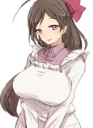 Rule 34 | 1girl, alchera, apron, breasts, brown hair, collared shirt, commentary request, hair ornament, hair ribbon, hairclip, kantai collection, kappougi, large breasts, long hair, mamiya (kancolle), pink shirt, red eyes, ribbon, shirt, simple background, solo, upper body, v arms, white background