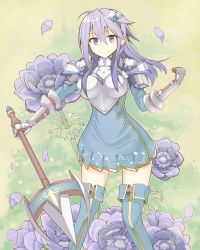 Rule 34 | 1girl, ahoge, anemone (flower), anemone (flower knight girl), armor, armored dress, blue eyes, boots, flower, flower knight girl, hair between eyes, hair ornament, hairclip, hand up, highres, holding, holding spear, holding weapon, kittoma (f152old), long hair, looking at viewer, muted color, polearm, purple hair, smile, spear, thighhighs, weapon, zettai ryouiki