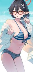 Rule 34 | :o, aochoku, ayane (blue archive), ayane (swimsuit) (blue archive), bikini, bikini top only, black hair, blue archive, breasts, cleavage, commentary, denim, denim shorts, glasses, hair between eyes, hair ornament, halo, highres, holding, jacket, low ponytail, medium breasts, ocean, off shoulder, open clothes, open jacket, orange eyes, parted lips, pointy ears, ponytail, red-framed eyewear, short hair, short shorts, shorts, striped bikini, striped clothes, stylus, swimsuit, symbol-only commentary, tablet pc, water, white jacket
