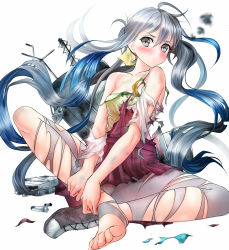 Rule 34 | 10s, 1girl, ahoge, bad id, bad pixiv id, barefoot, blue hair, blush, bow, bowtie, breasts, collarbone, damaged, dirty, dirty clothes, feet, frown, full body, gradient hair, hair ribbon, highres, hinoura111, indian style, kantai collection, kiyoshimo (kancolle), long hair, looking at viewer, multicolored hair, panties, panties under pantyhose, pantyhose, pantyshot, pleated skirt, polka dot, polka dot panties, revision, ribbon, shoes, simple background, single shoe, sitting, skirt, small breasts, solo, strap slip, tears, toes, torn clothes, torn pantyhose, twintails, underwear, very long hair, white background