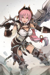 Rule 34 | 1girl, action, animal ears, armor, brown eyes, cow ears, falcom, highres, holding, holding weapon, horns, long hair, looking at viewer, pink hair, raging bull (ys), solo, t0fy291, very long hair, weapon, white background, ys, ys ix monstrum nox