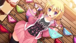 Rule 34 | 1girl, :d, against wall, black hair, blonde hair, blue panties, blush, bow, bow panties, clothes hanger, clothes shop, clothes writing, dutch angle, english text, fang, frilled panties, frills, game cg, green panties, hair ornament, hairclip, holding, ichikura chiharu, koiken otome, long sleeves, looking at viewer, low twintails, mannequin, multiple panties, open mouth, panties, pink panties, pleated skirt, purple eyes, purple panties, red panties, shop, shopping, side-tie panties, skirt, smile, solo, tateha (marvelous grace), twintails, underwear