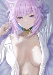 Rule 34 | 1girl, animal ears, bad id, bad pixiv id, bed sheet, breasts, cat ears, cleavage, collar, dress shirt, haro art, hololive, large breasts, naked shirt, nekomata okayu, nekomata okayu (oversized shirt), no bra, pink hair, purple eyes, shirt, slit pupils, smile, solo, virtual youtuber, white shirt