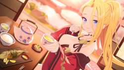 Rule 34 | 1girl, blonde hair, blue archive, blue eyes, breasts, cleavage, collarbone, commentary request, fish (food), game cg, halo, highres, japanese clothes, large breasts, long hair, looking at viewer, medium breasts, nail polish, non-web source, official art, pina (blue archive), ponytail, portrait, smile, solo, tea, teapot