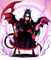 Rule 34 | 1girl, bare shoulders, black hair, breasts, choker, cleavage, dragon wings, dress, dutch angle, elbow gloves, fantasy, fengya, gloves, gothic lolita, high heels, highres, horns, lace-trim, lace-trimmed choker, lace trim, lolita fashion, magic circle, magical girl, medium breasts, original, purple eyes, scythe, tail, wings