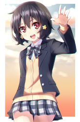 Rule 34 | 1girl, black hair, blazer, bow, cardigan, chromatic aberration, commentary request, hair ornament, hand up, highres, jacket, long sleeves, looking at viewer, miniskirt, mizuno ai, open mouth, plaid, plaid bow, plaid neckwear, plaid skirt, pleated skirt, pontasu, red eyes, school uniform, short hair, skirt, solo, waving, zombie land saga