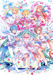 Rule 34 | 2boys, 4girls, aqua eyes, aqua hair, bird, blonde hair, blue bird, blue eyes, blue hair, blue sky, blush, boots, breasts, brother and sister, brown hair, cleavage, cloud, dress, flower, full body, hair flower, hair ornament, hairclip, hatsune miku, high heel boots, high heels, highres, jacket, kagamine len, kagamine rin, kaito (vocaloid), long hair, looking at viewer, medium breasts, megurine luka, meiko (vocaloid), multiple boys, multiple girls, pants, pink flower, pink hair, rainbow, red flower, red rose, rose, scarf, short hair, short ponytail, siblings, sky, small breasts, twins, twintails, very long hair, vocaloid, white dress, white footwear, white jacket, white pants, white scarf, yellow eyes, zenyu