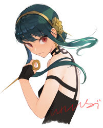 Rule 34 | 1girl, absurdres, black dress, black gloves, black hair, closed mouth, dagger, dress, earrings, fingerless gloves, gloves, gold earrings, gold hairband, hairband, highres, holding, holding dagger, holding knife, holding weapon, jewelry, knife, peter pan (adtc7243), solo, spy x family, stiletto (weapon), weapon, yor briar