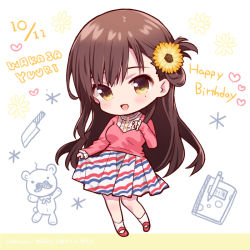 Rule 34 | 1girl, :d, artist name, blush, brown eyes, center frills, character name, chiba sadoru, chibi, copyright notice, dated, diagonal stripes, dot nose, english text, flower, folded hair, frills, full body, gakkou gurashi!, hair flower, hair ornament, hand on own chest, hand up, happy birthday, head tilt, heart, leg up, long hair, long sleeves, looking at viewer, mary janes, mole, mole under eye, official art, open mouth, parted hair, red footwear, shoes, skirt hold, smile, socks, solo, standing, striped, wakasa yuuri, white background, yellow flower